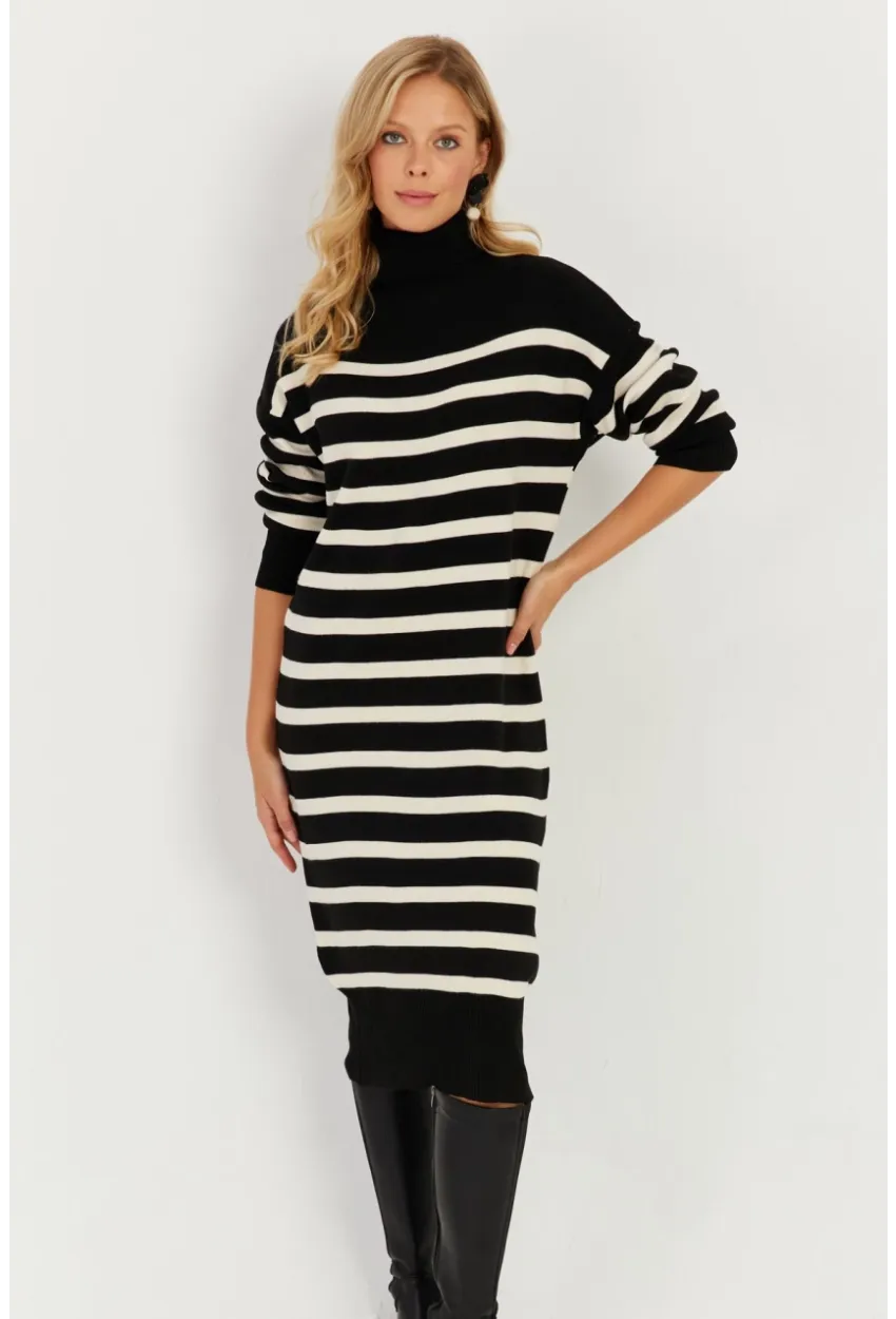 Kadın Siyah Çizgili Balıkçı Triko Midi Elbise SF2539