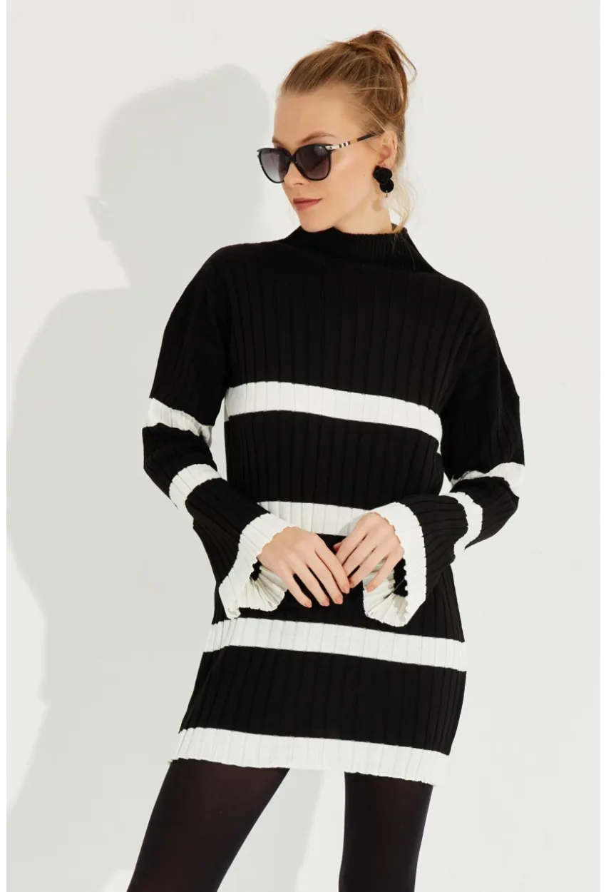 Kadın Siyah Çizgili Mini Triko Elbise YV212