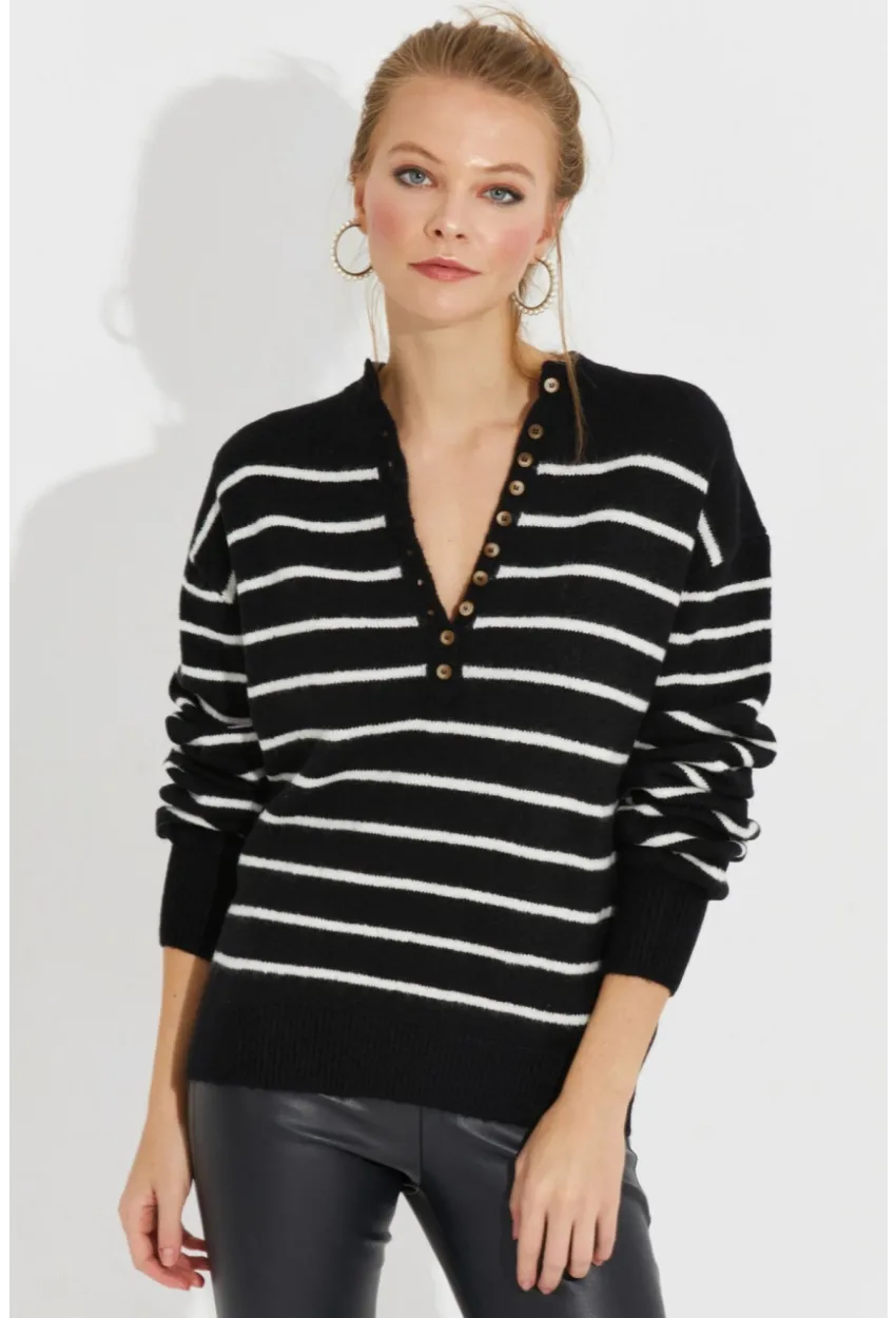 Kadın Siyah Çizgili Triko Kazak SMT219