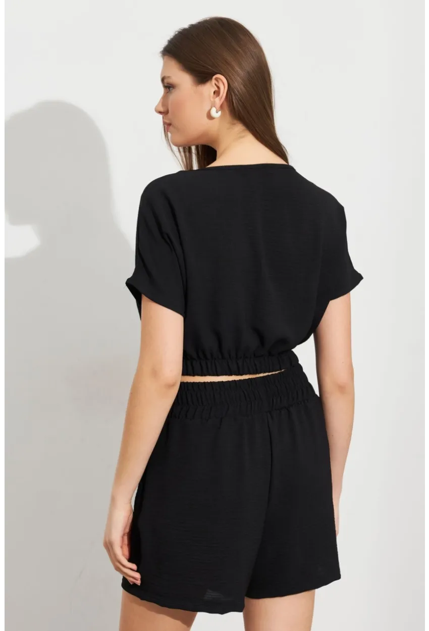 Kadın Siyah Crop Şort Takım Q1014