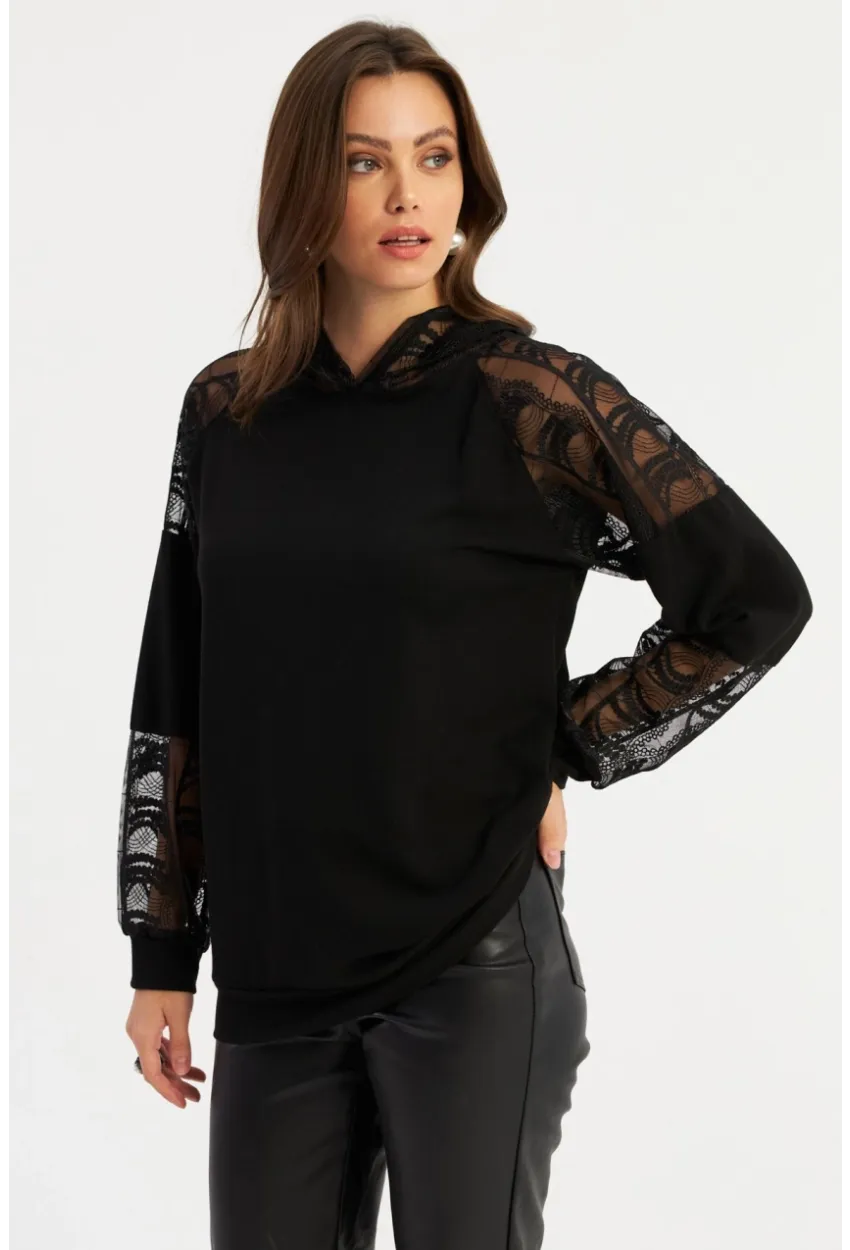 Kadın Siyah Dantel Detaylı Kapüşonlu Sweatshirt BK58