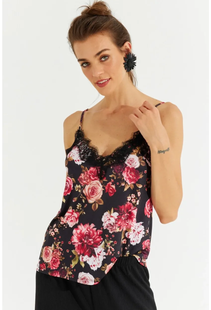 Kadın Siyah Dantelli Askılı Çiçekli Bluz LPP1227