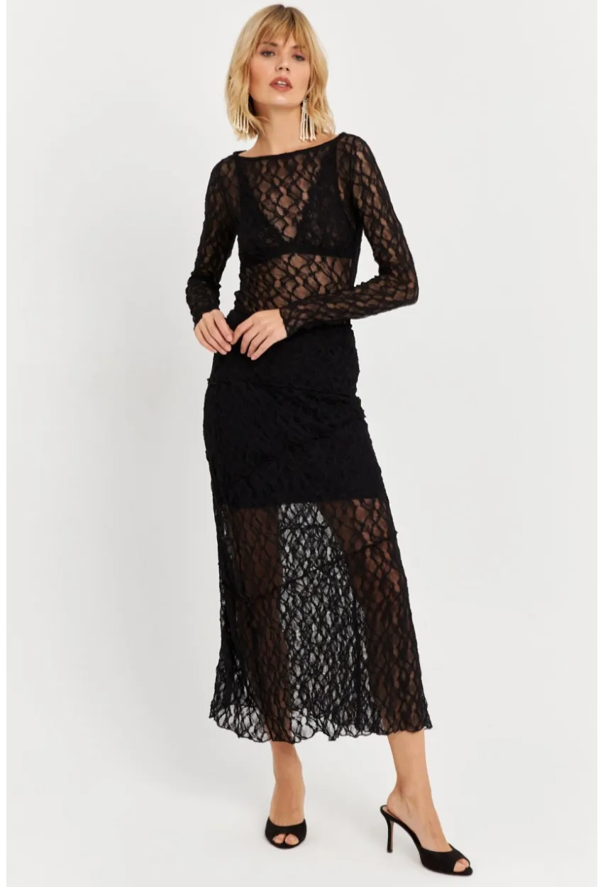 Kadın Siyah Dantelli Midi Etek FS9824