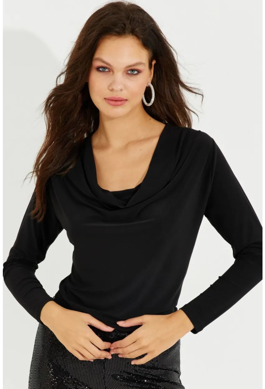 Kadın Siyah Degaje Yaka Bluz LPP1234