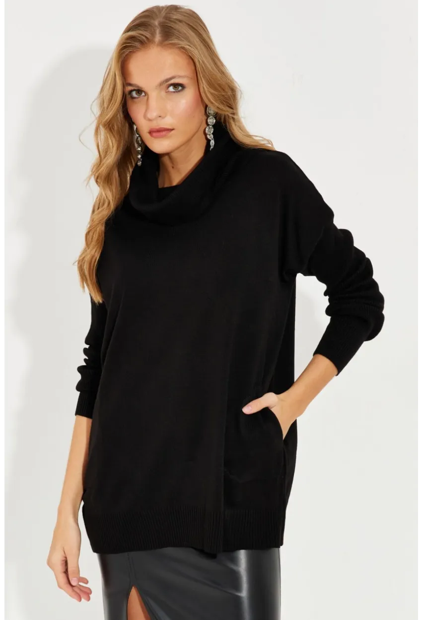 Kadın Siyah Degaje Yaka Cepli Triko Kazak YZ519