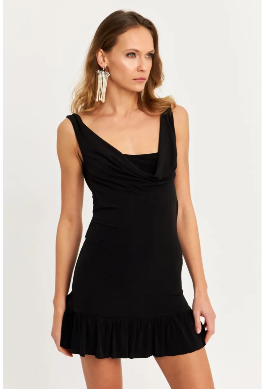 Kadın Siyah Degaje Yaka Mini Elbise HOR0078