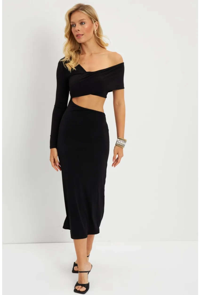 Kadın Siyah Dekolteli Midi Elbise MEN2046