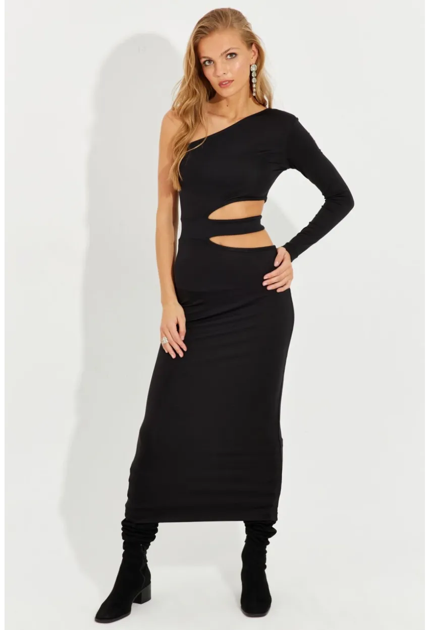 Kadın Siyah Dekolteli Tek Omuz Midi Elbise EY2577
