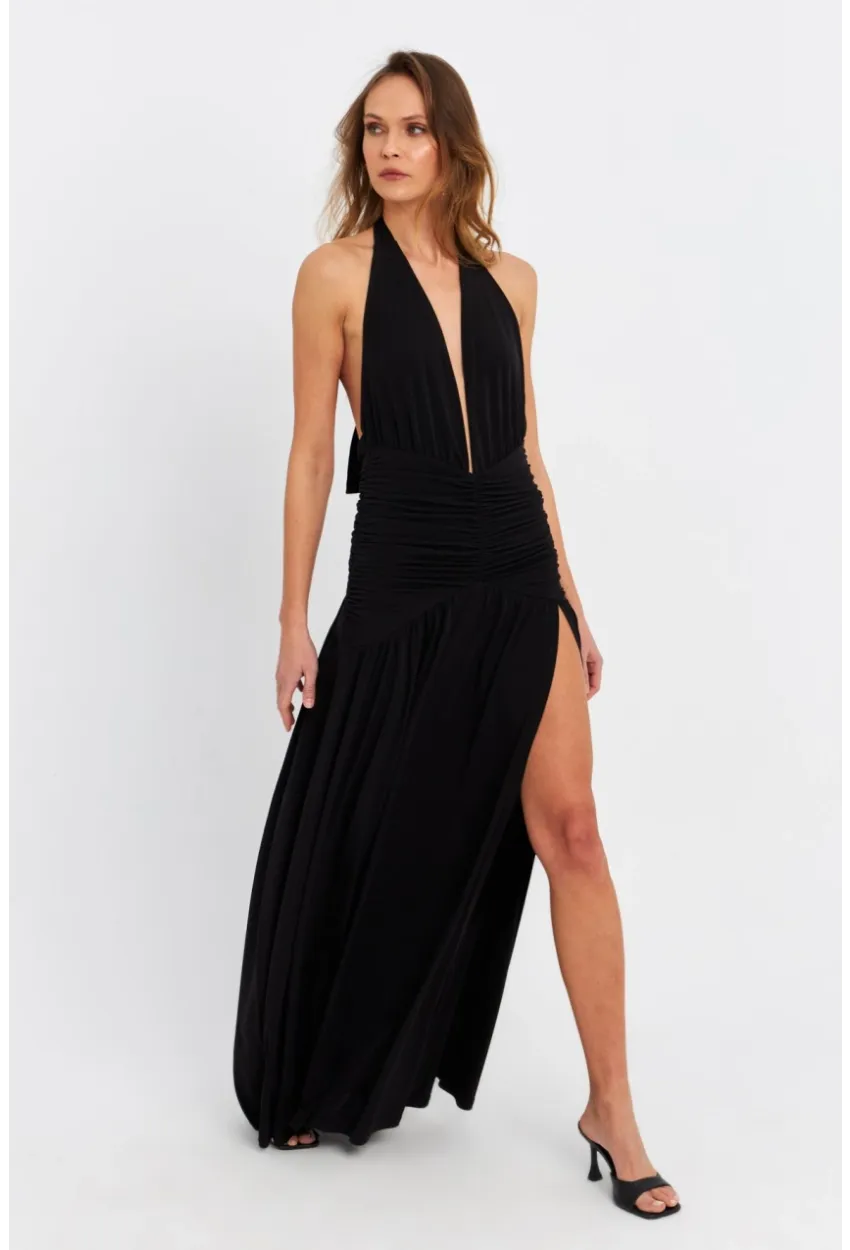 Kadın Siyah Derin Yırtmaçlı Büzgülü Midi Elbise B6008