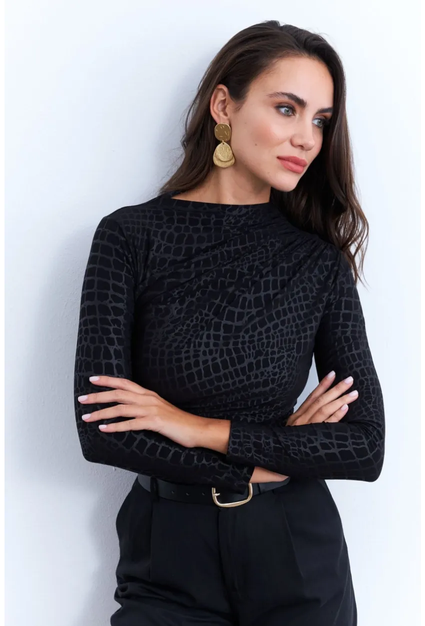 Kadın Siyah Desenli Büzgülü Bluz LPP1279
