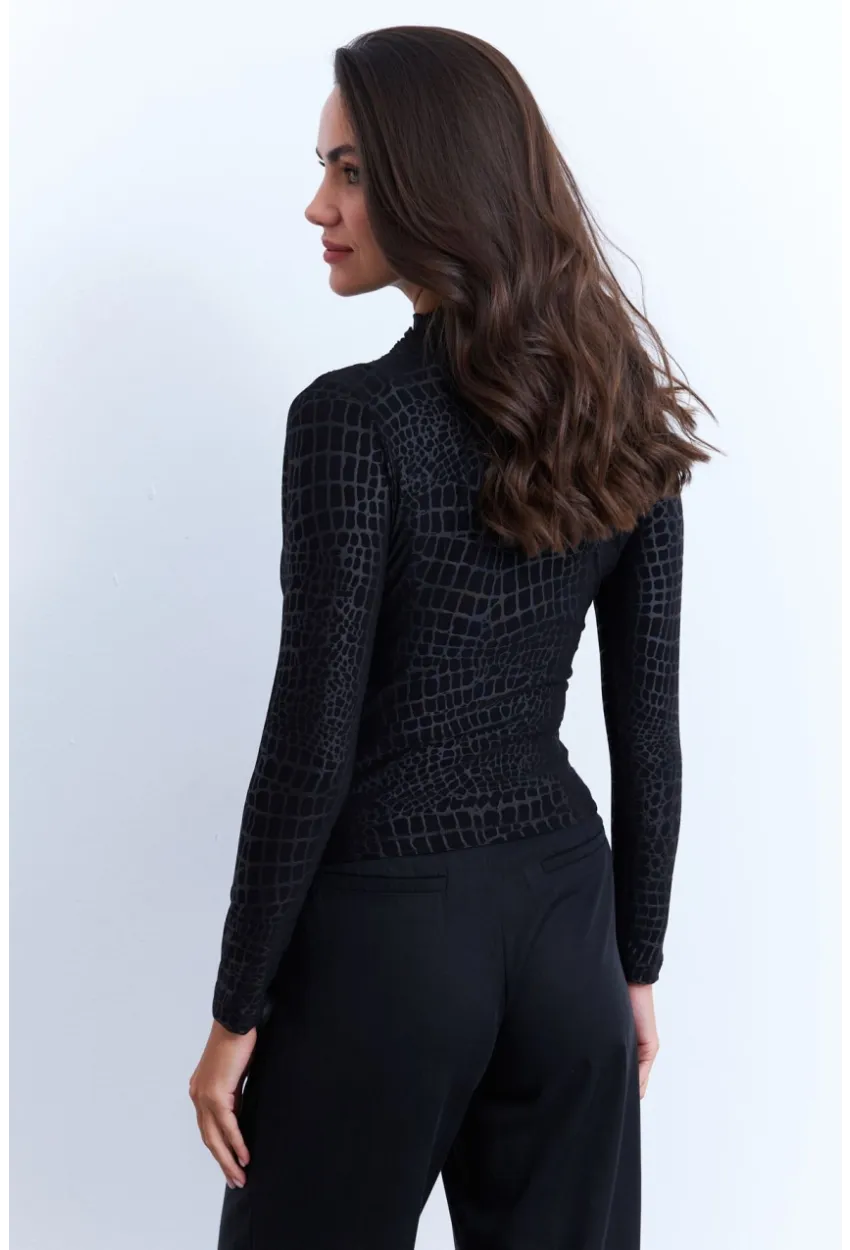 Kadın Siyah Desenli Büzgülü Bluz LPP1279