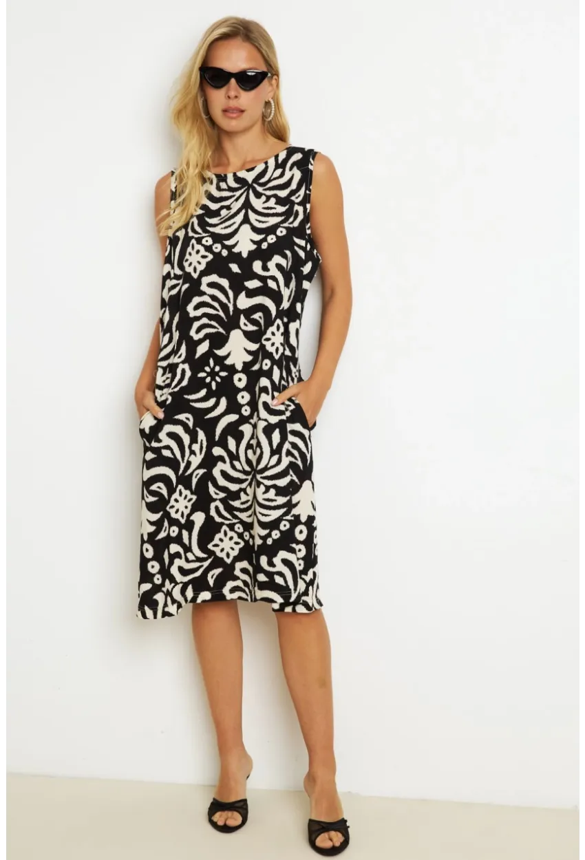 Kadın Siyah Desenli Cepli Midi Elbise YZ1059