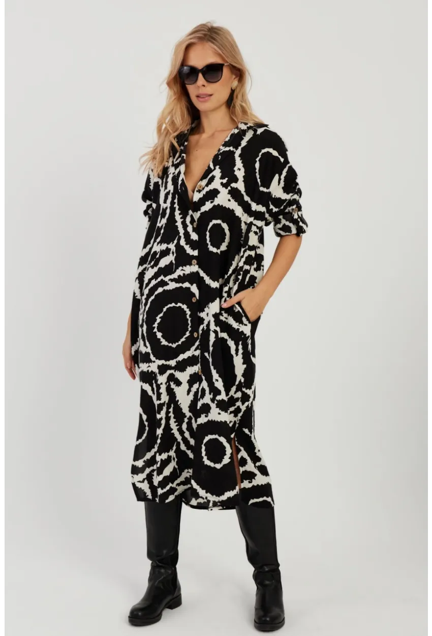 Kadın Siyah Desenli Gömlek Elbise LV174
