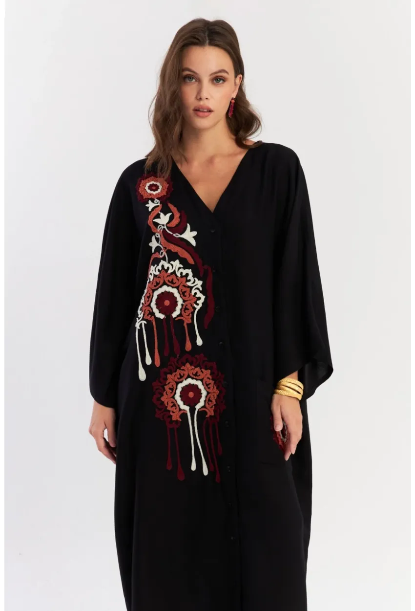 Kadın Siyah Desenli Maxi Dokuma Elbise ALO150