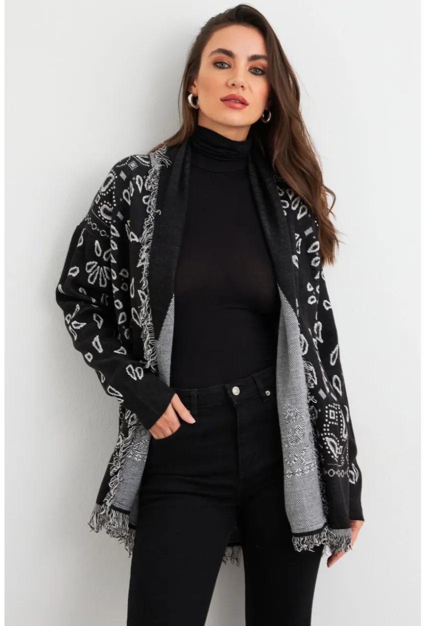 Kadın Siyah Desenli Triko Hırka MVI14209