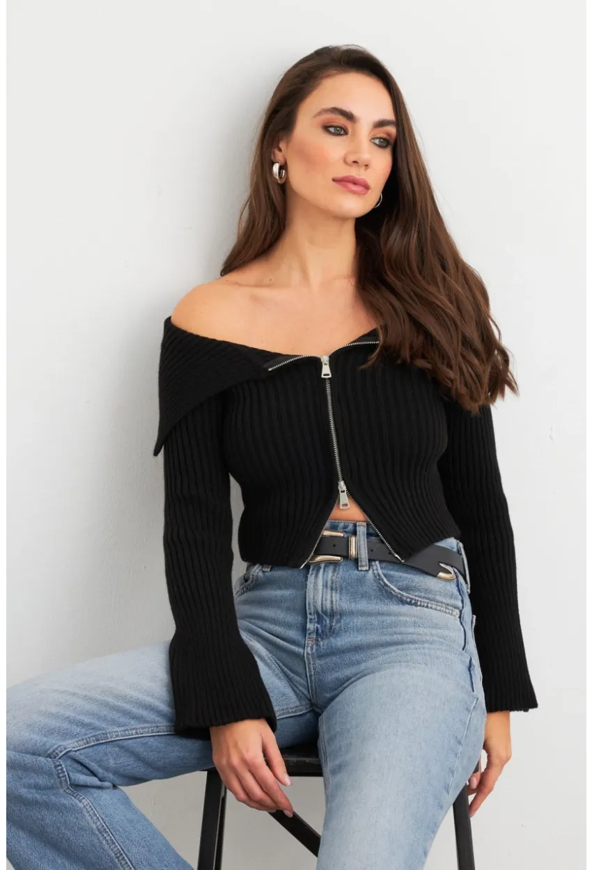 Kadın Siyah Devrik Yaka Kısa Hırka TEM103