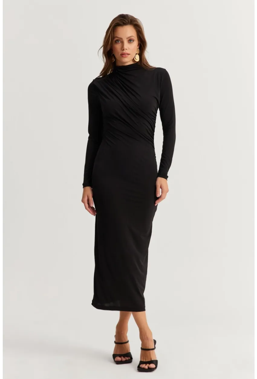 Kadın Siyah Drape Maxi Elbise DMR377