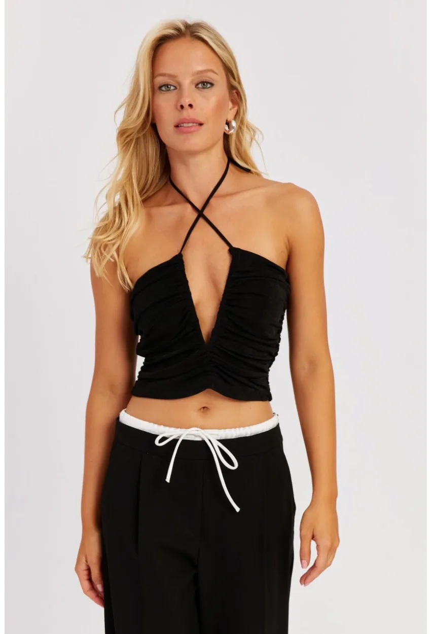 Kadın Siyah Drapeli Crop Bluz KED154