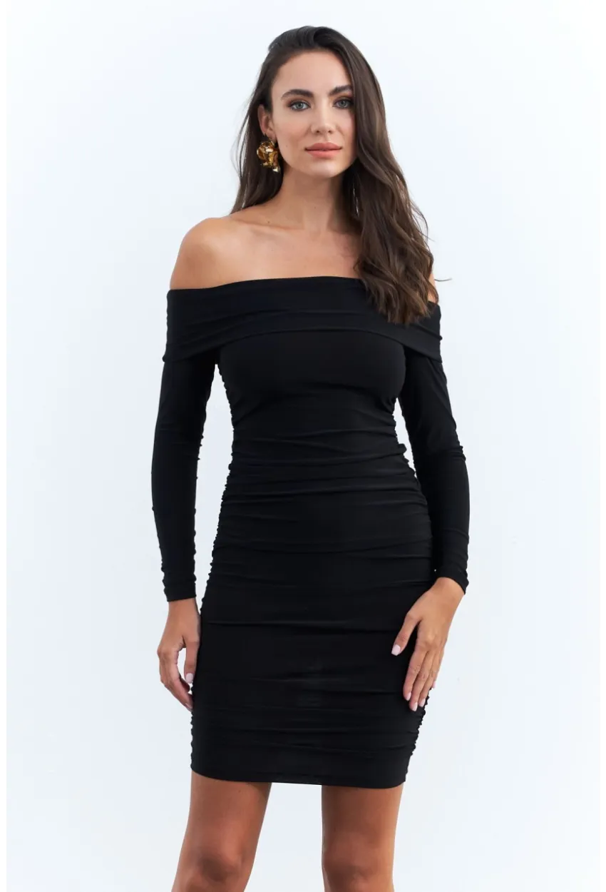 Kadın Siyah Drapeli Degaje Mini Elbise ELT3697