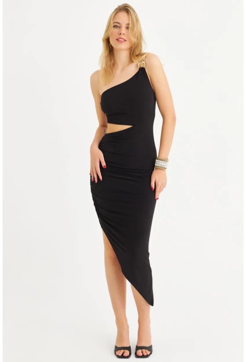 Kadın Siyah Drapeli Dekolteli Midi Elbise SDY1264