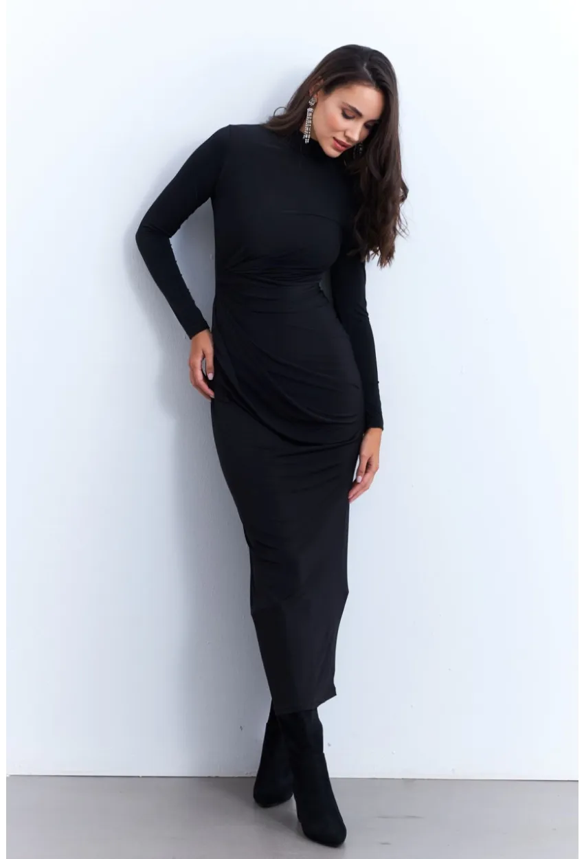 Kadın Siyah Drapeli Maxi Elbise MLİK12