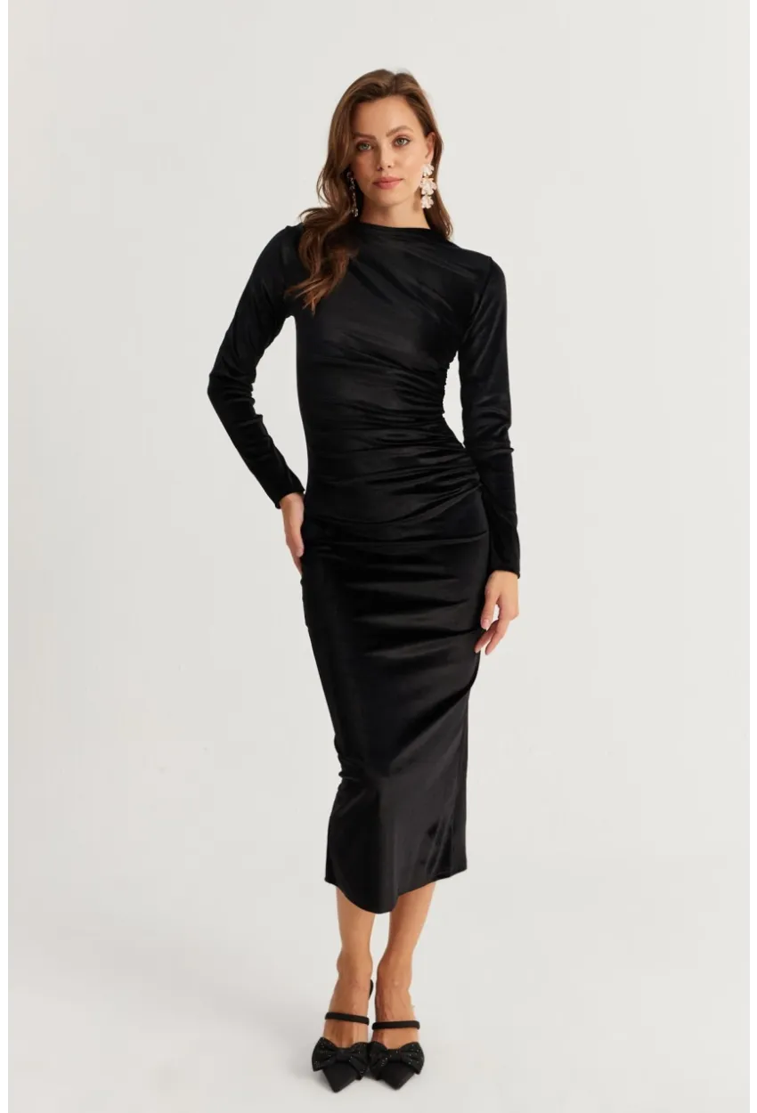 Kadın Siyah Drapeli Midi Elbise MON1113