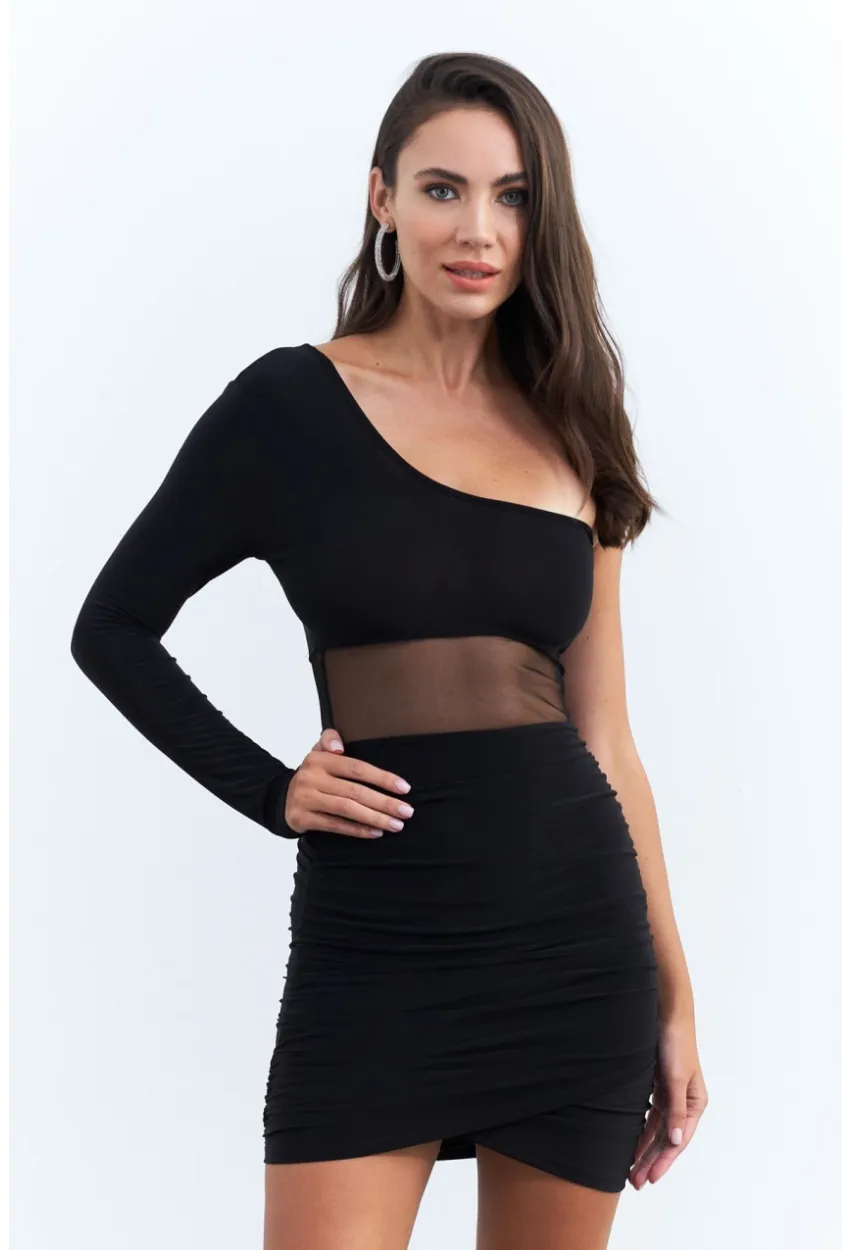 Kadın Siyah Drapeli Tül Detaylı Mini Yılbaşı Elbise ELT3850