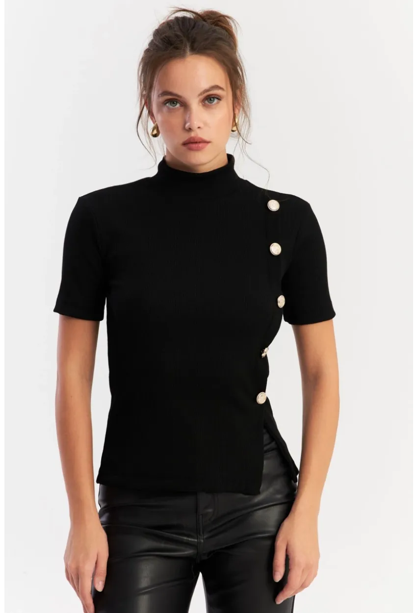 Kadın Siyah Düğme Aksesuarlı Bluz EY2926