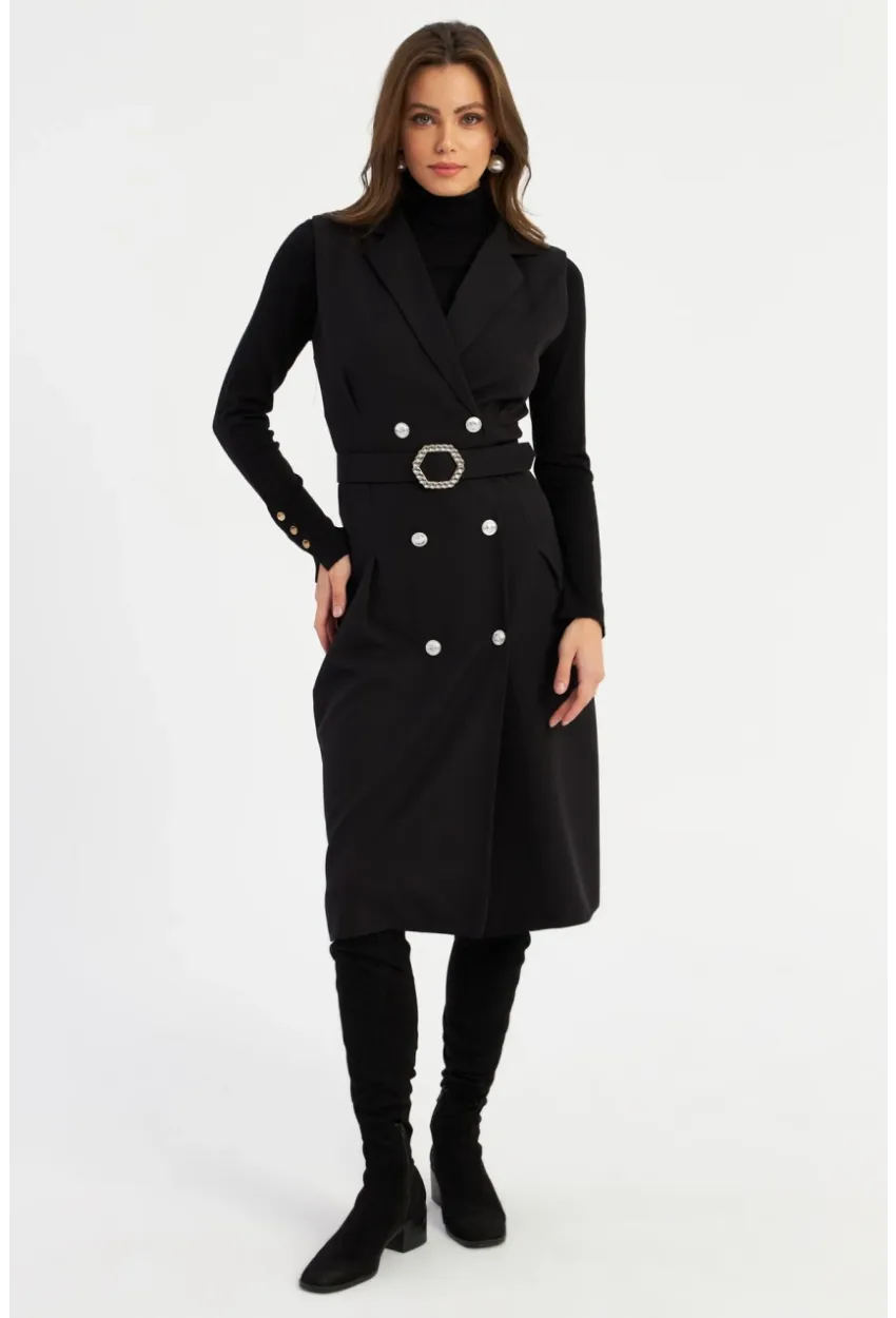 Kadın Siyah Düğme Aksesuarlı Ceket Elbise MERA101