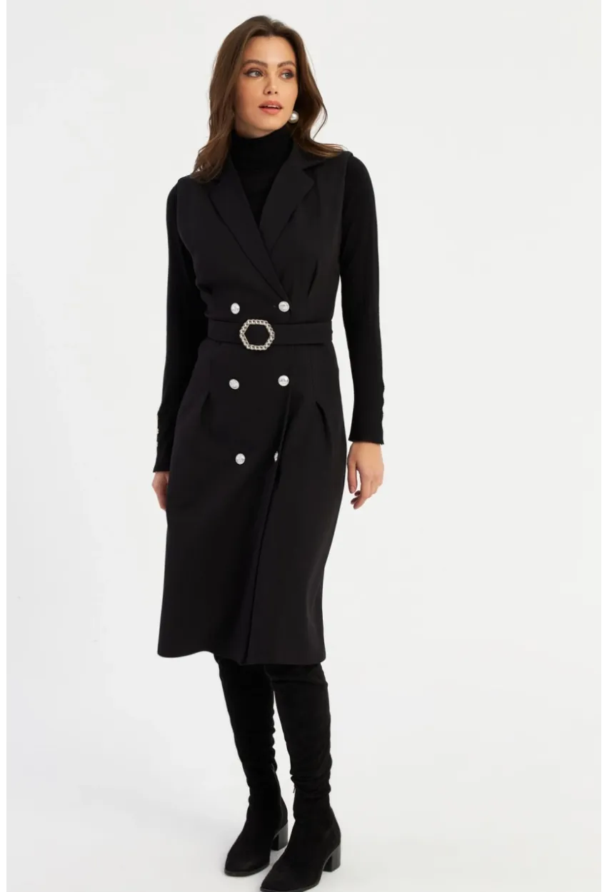 Kadın Siyah Düğme Aksesuarlı Ceket Elbise MERA101