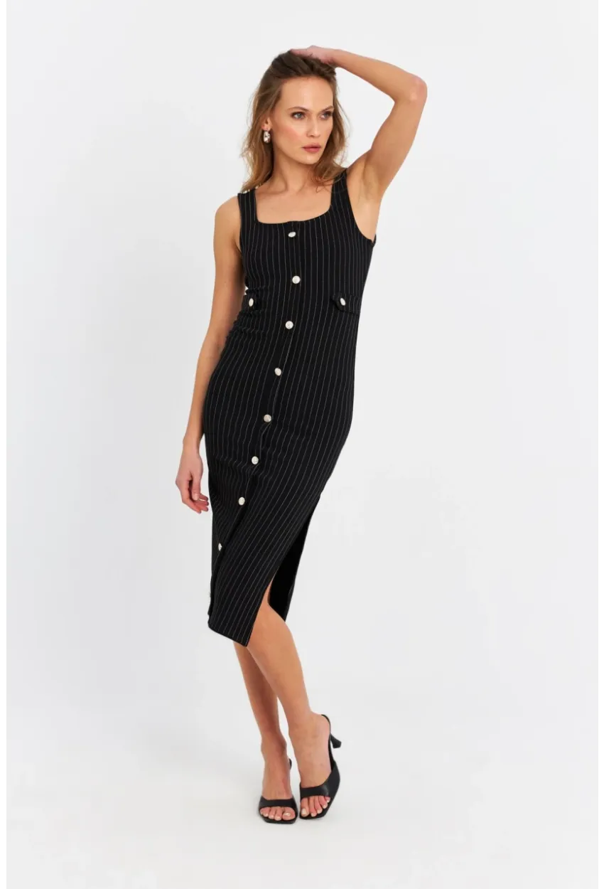 Kadın Siyah Düğme Aksesuarlı Çizgili Midi Elbise SDY1253
