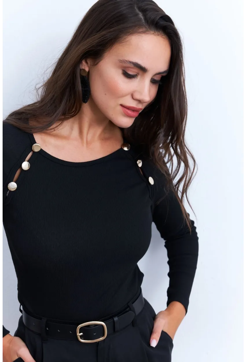 Kadın Siyah Düğme Aksesuarlı Kaşkorse Bluz EY2945