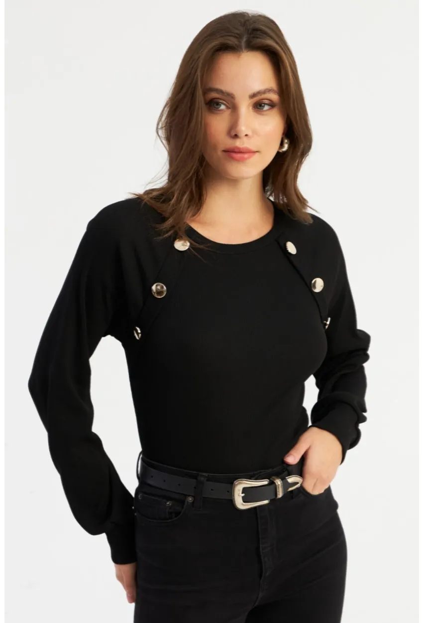 Kadın Siyah Dügme Aksesuarlı Kaşkorse Bluz EY2946