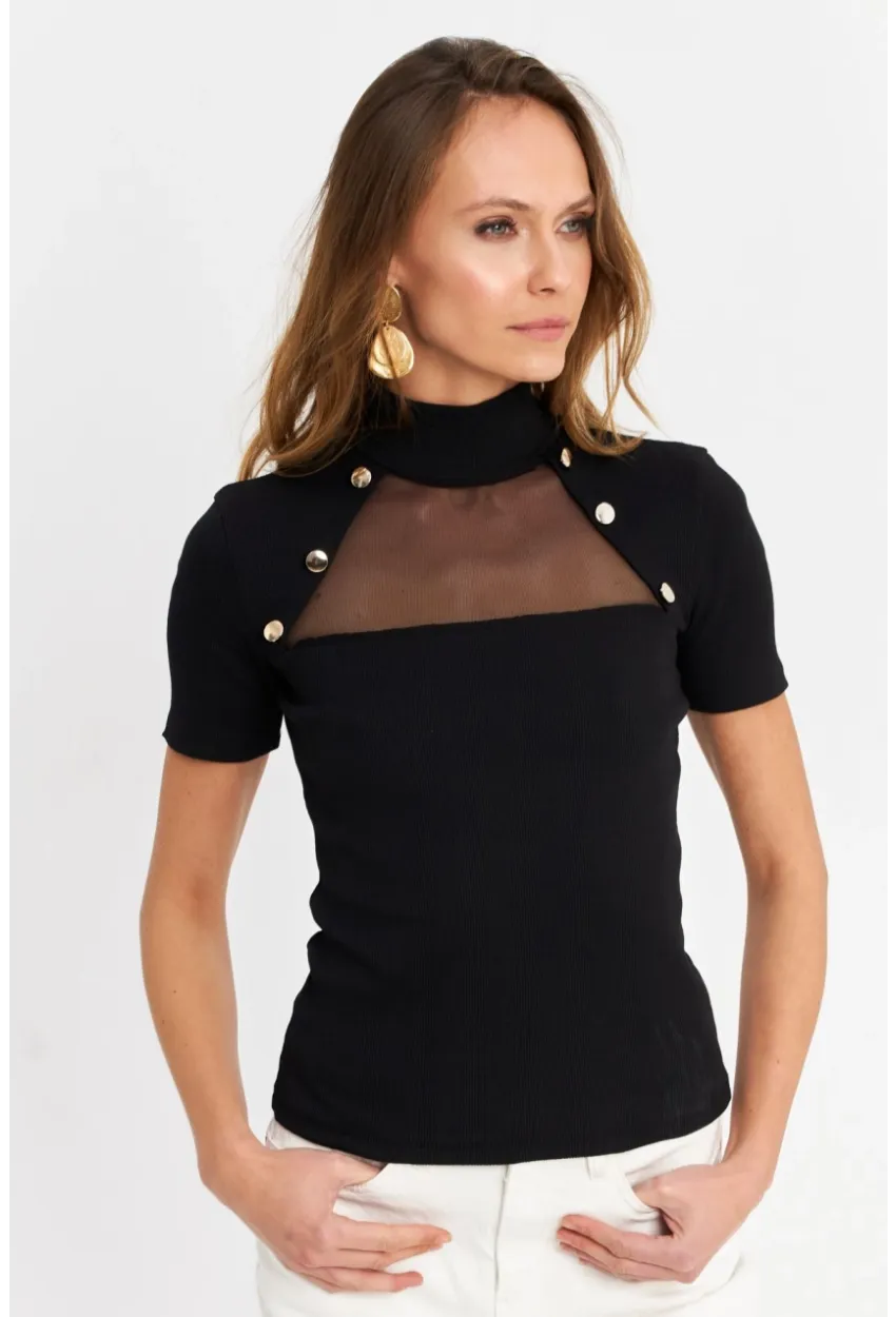 Kadın Siyah Düğme Aksesuarlı Kaşkorse Bluz TF56