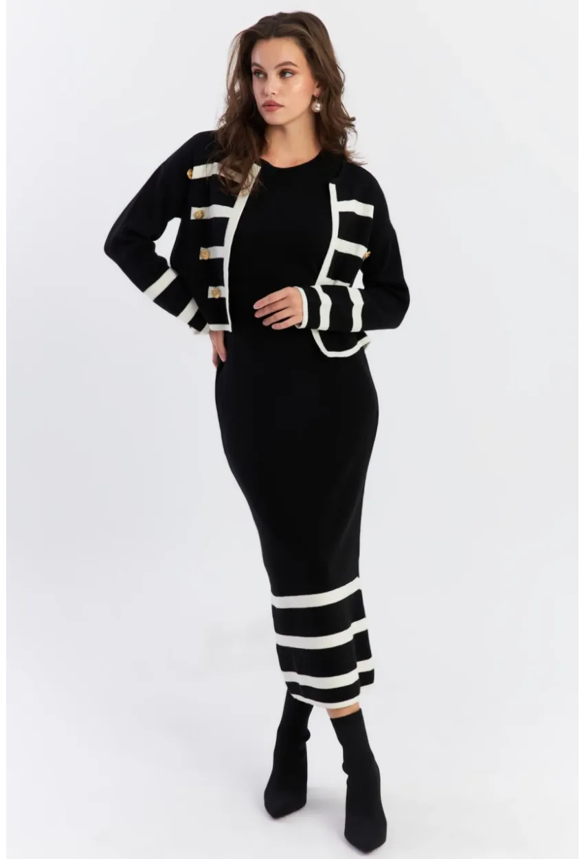 Kadın Siyah Düğme Aksesuarlı Triko Takım NUV38
