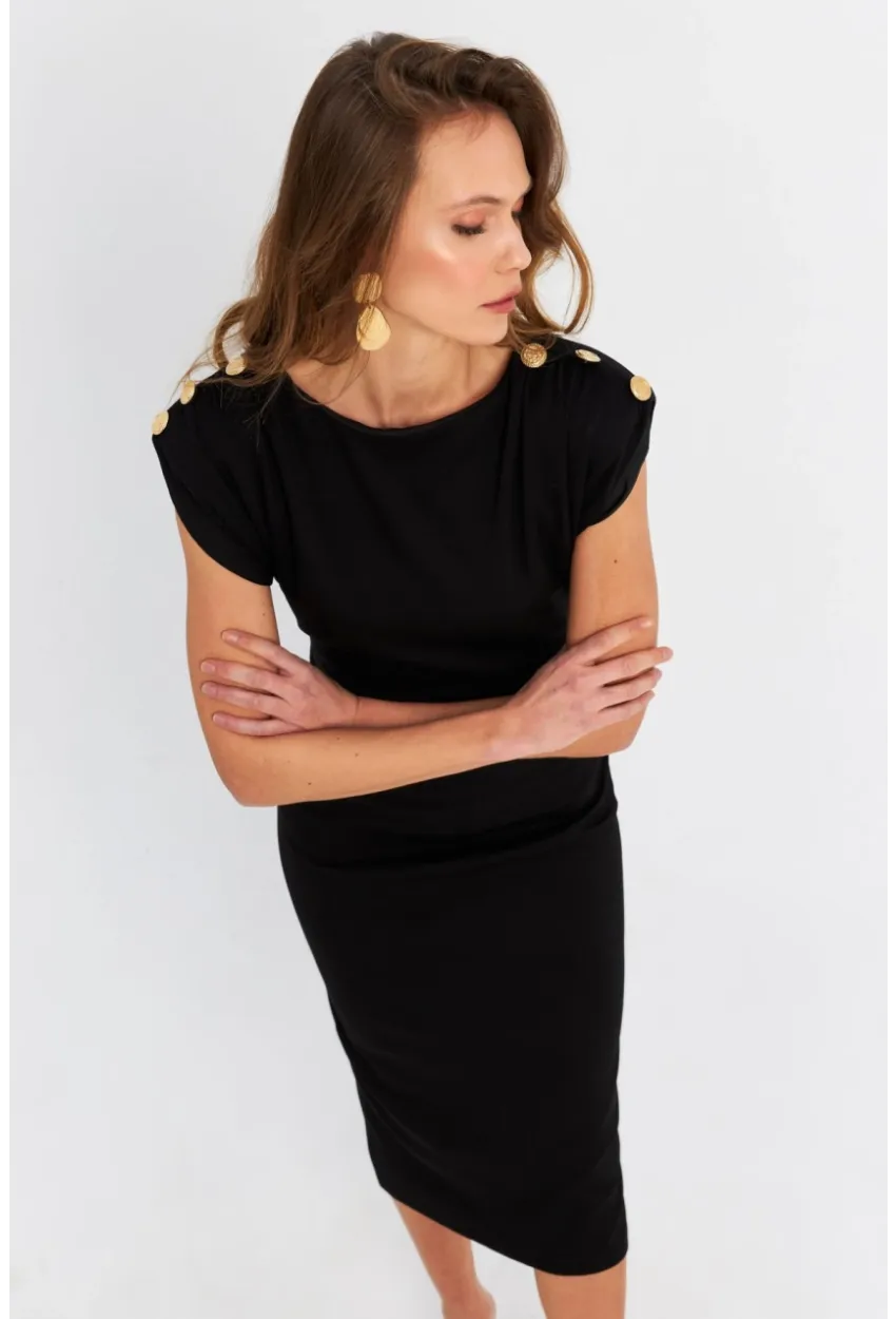 Kadın Siyah Düğme Aksesuarlı Vatkalı Midi Elbise MOD4272