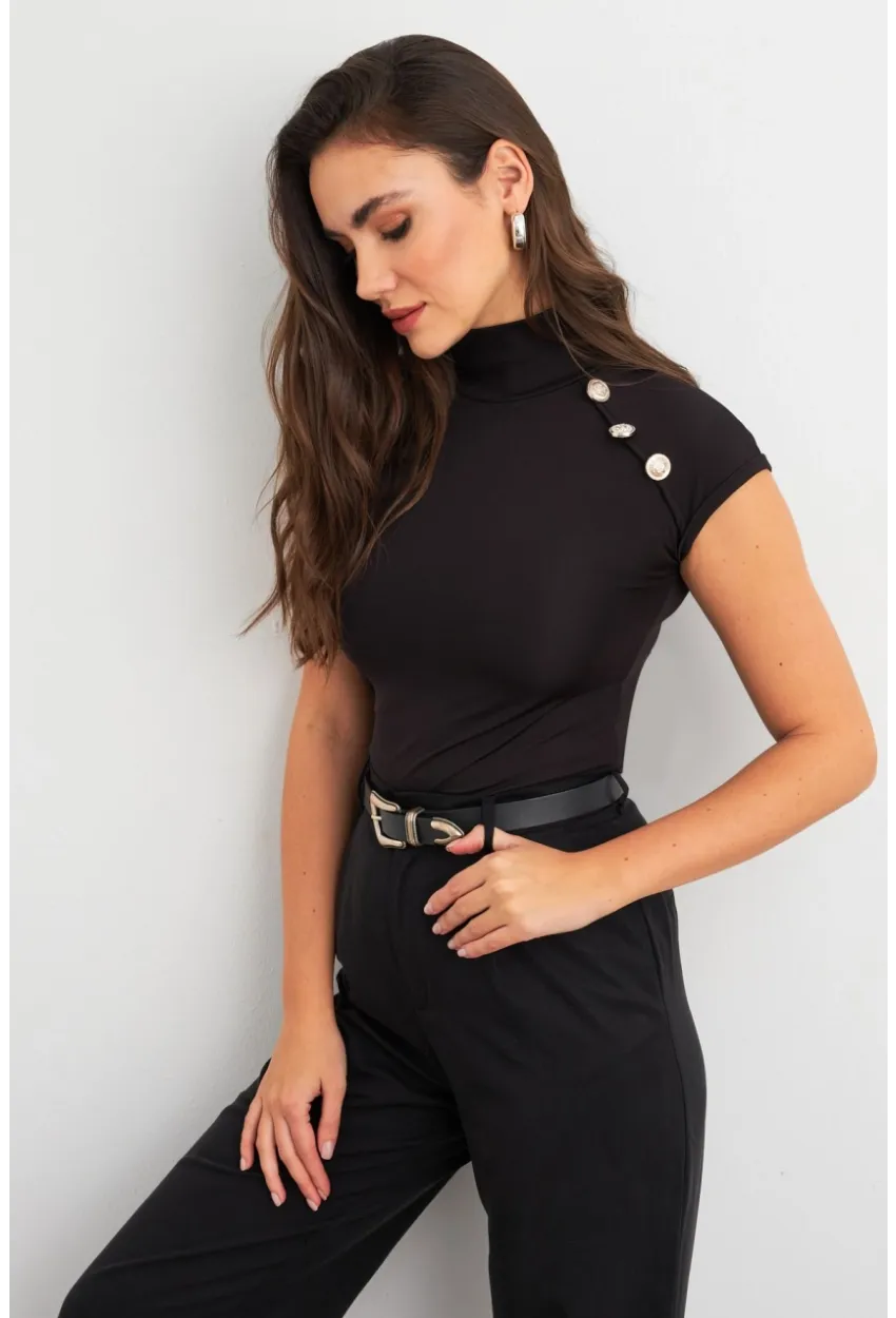 Kadın Siyah Düğme Detaylı Bluz EY3027