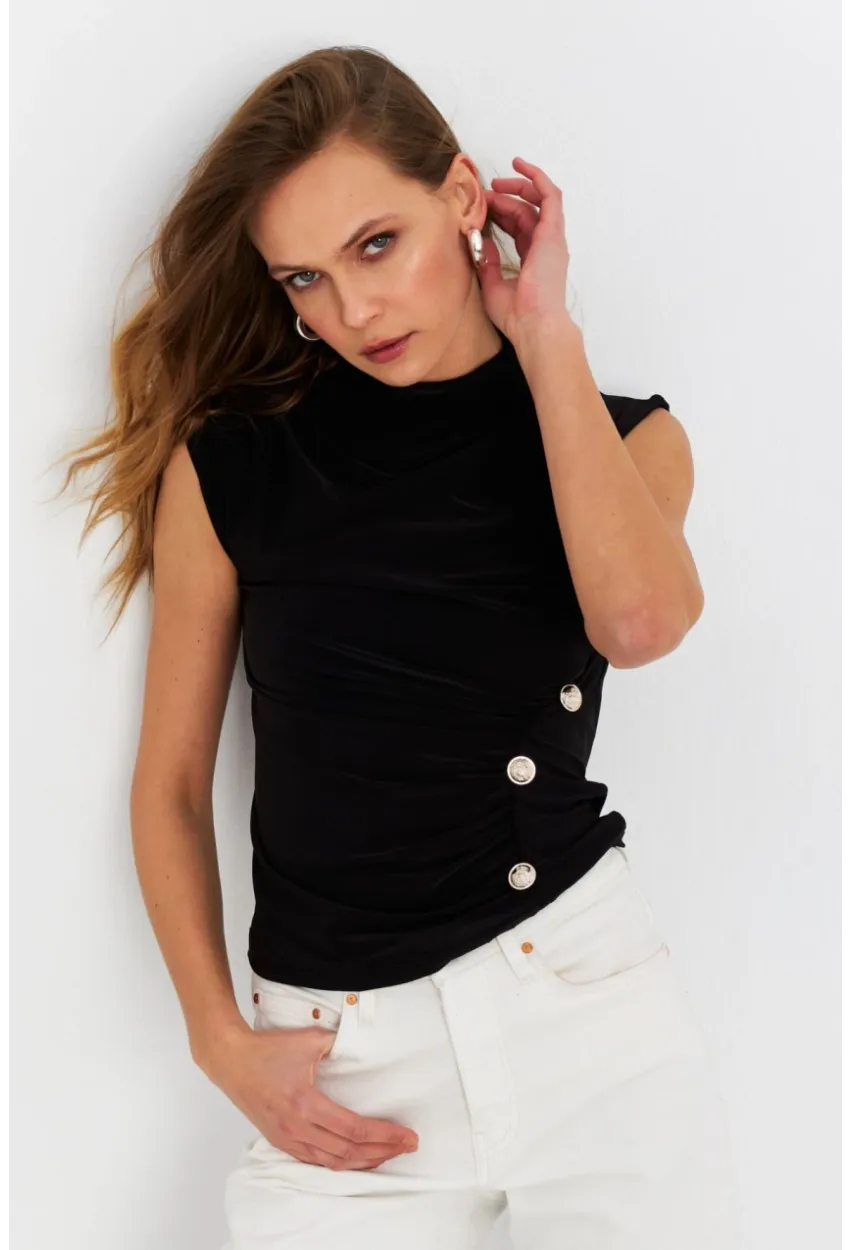 Kadın Siyah Düğme Detaylı Bluz LPP1022