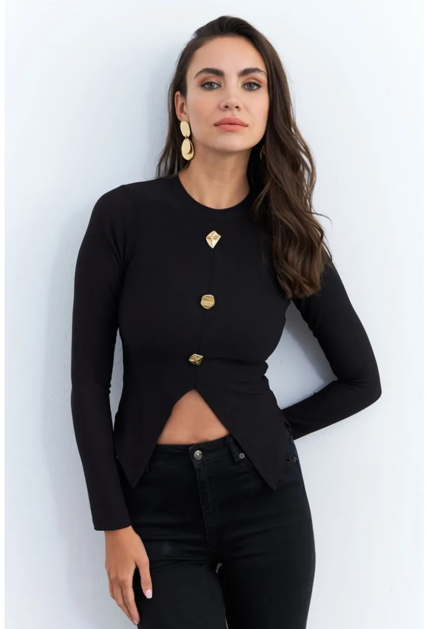 Kadın Siyah Düğme Detaylı Bluz RLO83