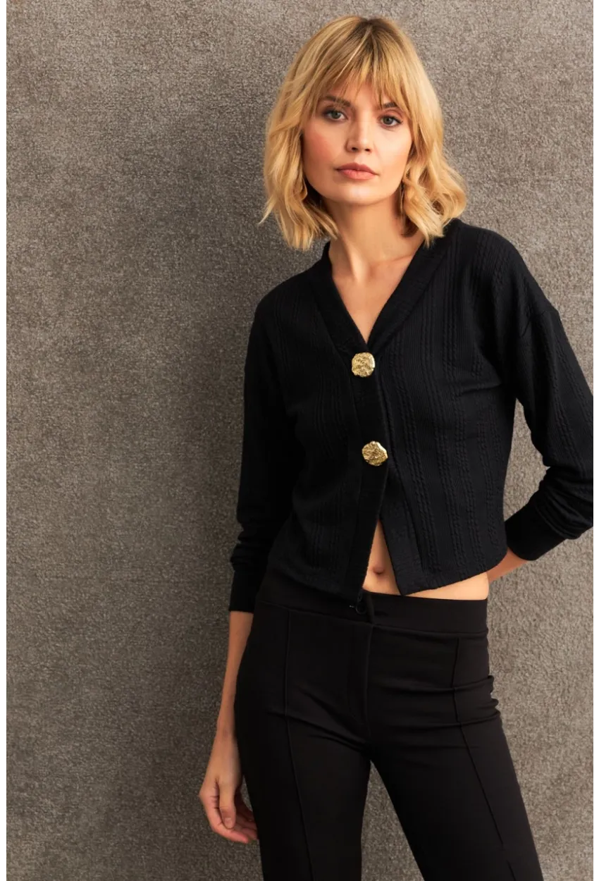 Kadın Siyah Düğme Detaylı Bluz TF57