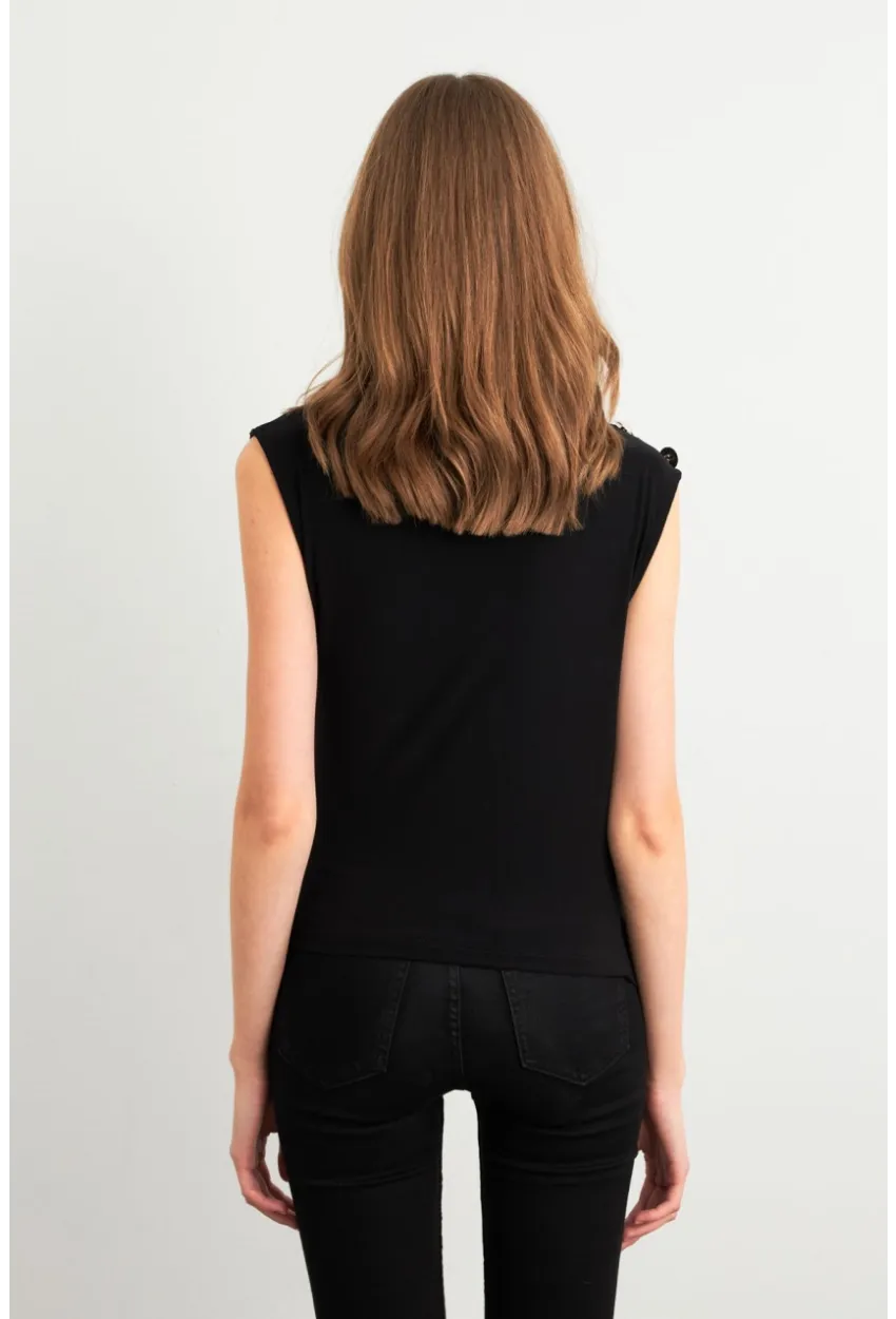 Kadın Siyah Düğme Detaylı Büzgülü Bluz LPP1205-1