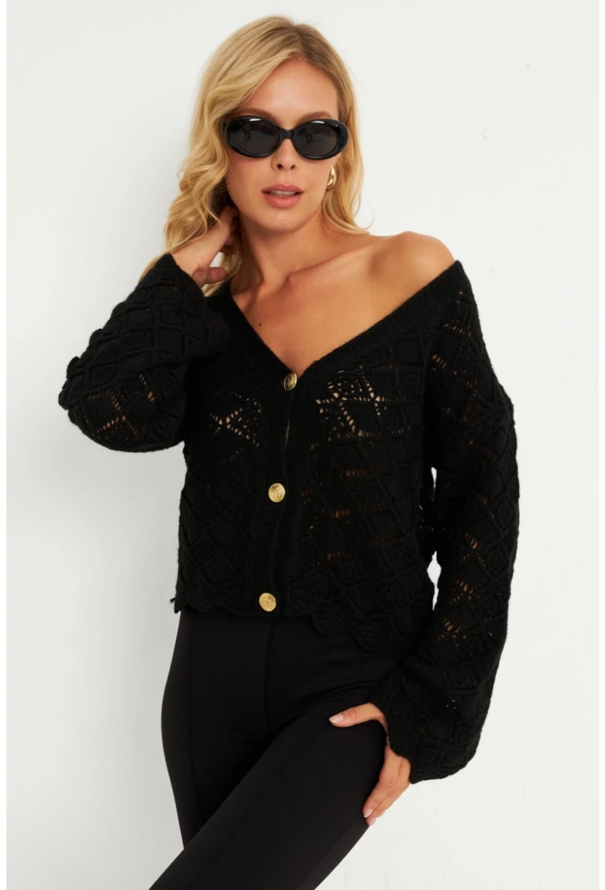 Kadın Siyah Düğme Detaylı Hırka YV276