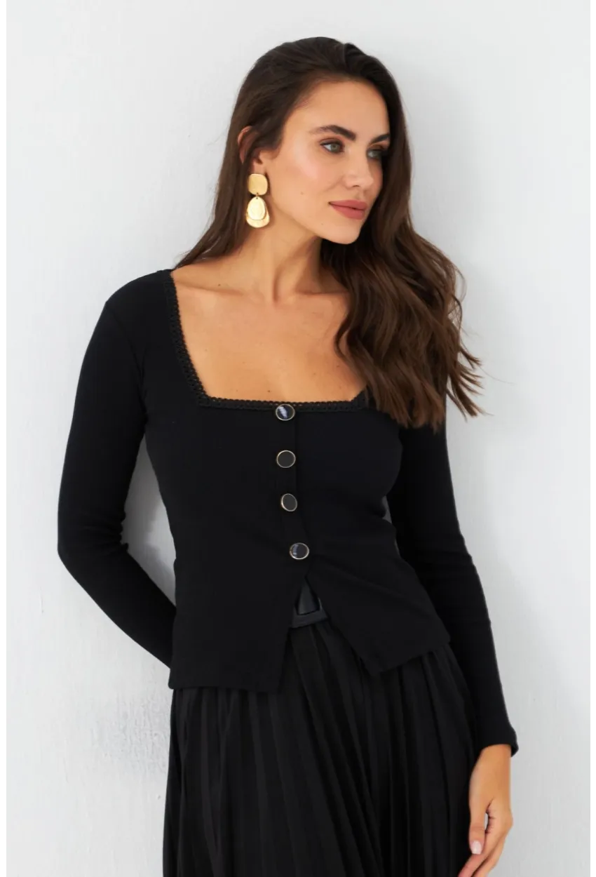 Kadın Siyah Düğme Detaylı Kare Yaka Bluz EY2987