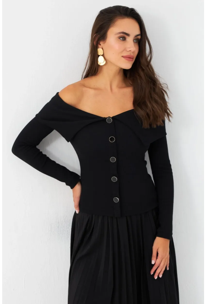 Kadın Siyah Düğme Detaylı Kaşkorse Bluz EY2985