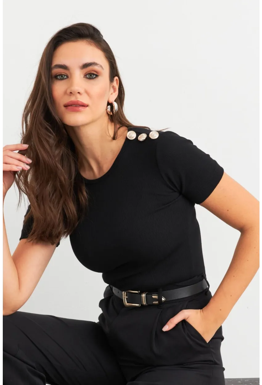 Kadın Siyah Düğme Detaylı Kaşkorse Bluz EY3031