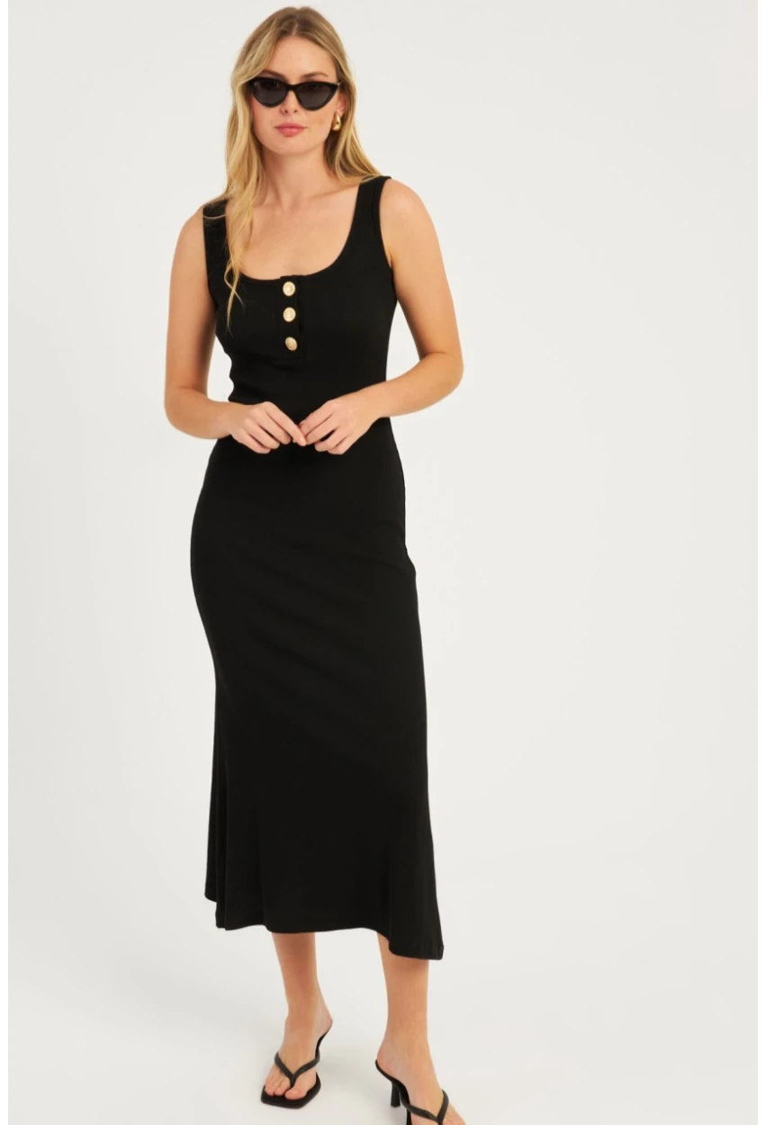 Kadın Siyah Düğme Detaylı Kaşkorse Maxi Elbise EY2759