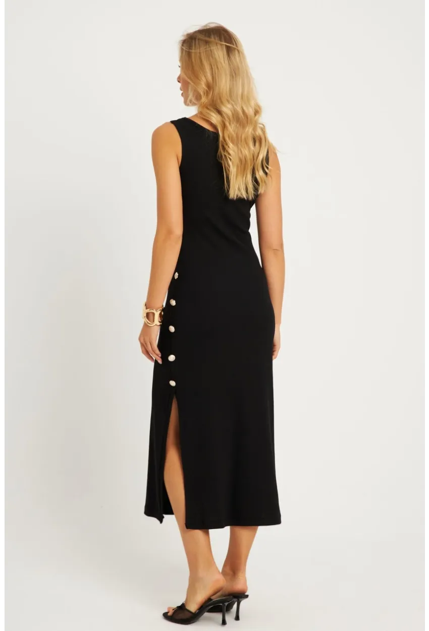 Kadın Siyah Düğme Detaylı Kaşkorse Midi Elbise EY2837