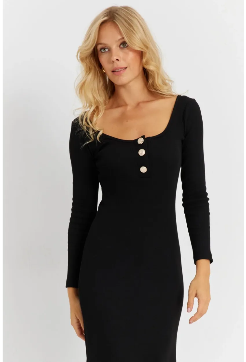 Kadın Siyah Düğme Detaylı Kaşkorse Midi Elbise EY2854