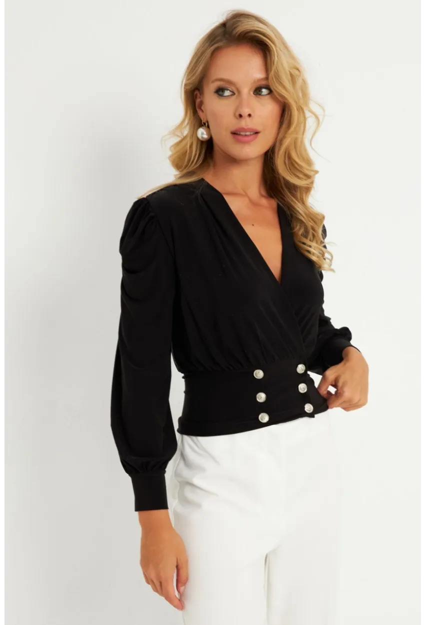 Kadın Siyah Düğme Detaylı Kruvaze Bluz ELT3188