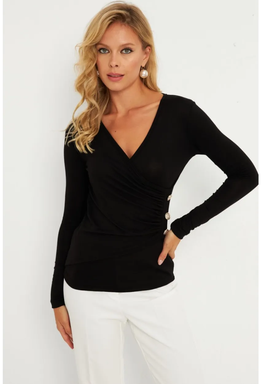 Kadın Siyah Düğme Detaylı Kruvaze Bluz EY2865